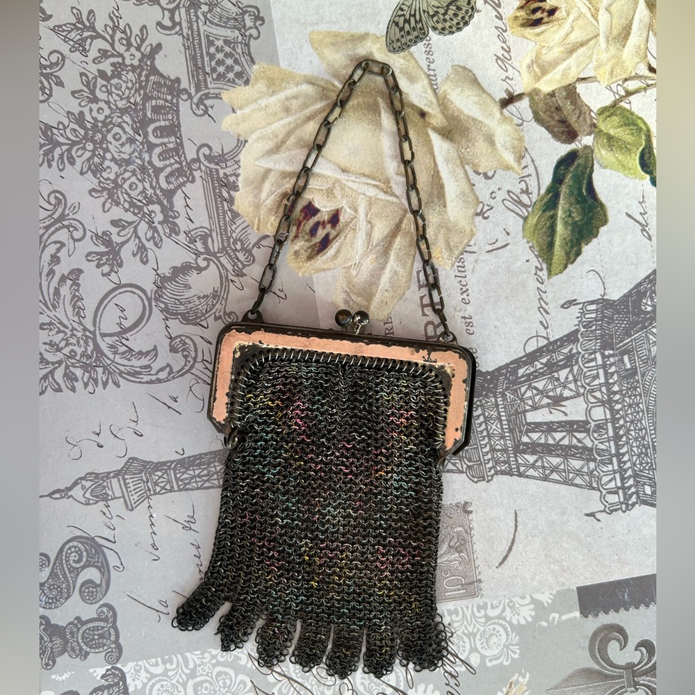 SWEET antique flapper chainmail enamel purse ART DECO era